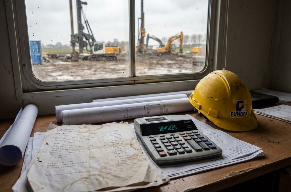 Rekenmachine en kostenberekeningen op bureau bouwkantoor met gele helm, bouwplaats met funderingsmachines op achtergrond
