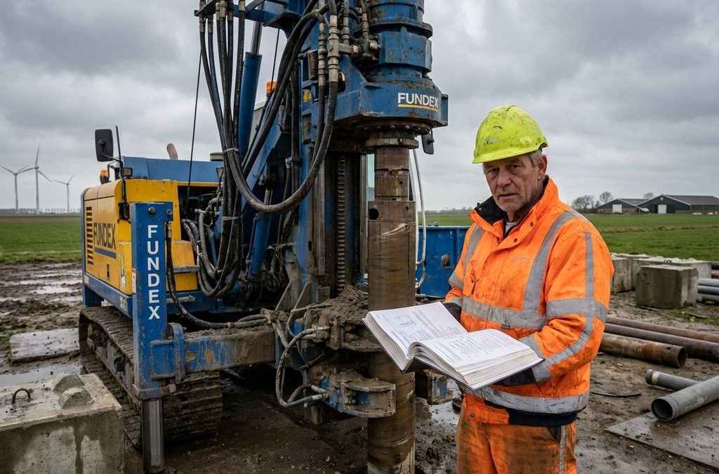 Bouwopzichter in gele helm met technische handleiding naast Fundex funderingsboormachine op Nederlandse bouwplaats