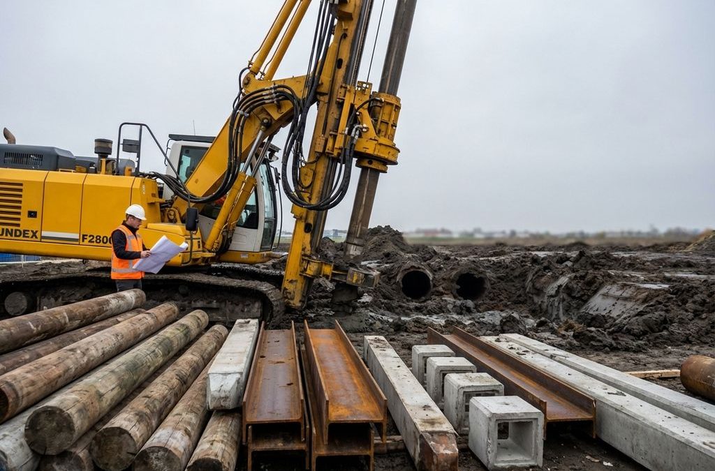 Gele Fundex heimachine op Nederlandse bouwplaats met betonpalen, stalen H-balken en houten palen op de voorgrond