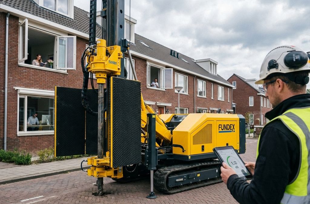 Gele Fundex elektrische heimachine werkt stil in Nederlandse woonwijk met geluidsdempende panelen, huizen op achtergrond